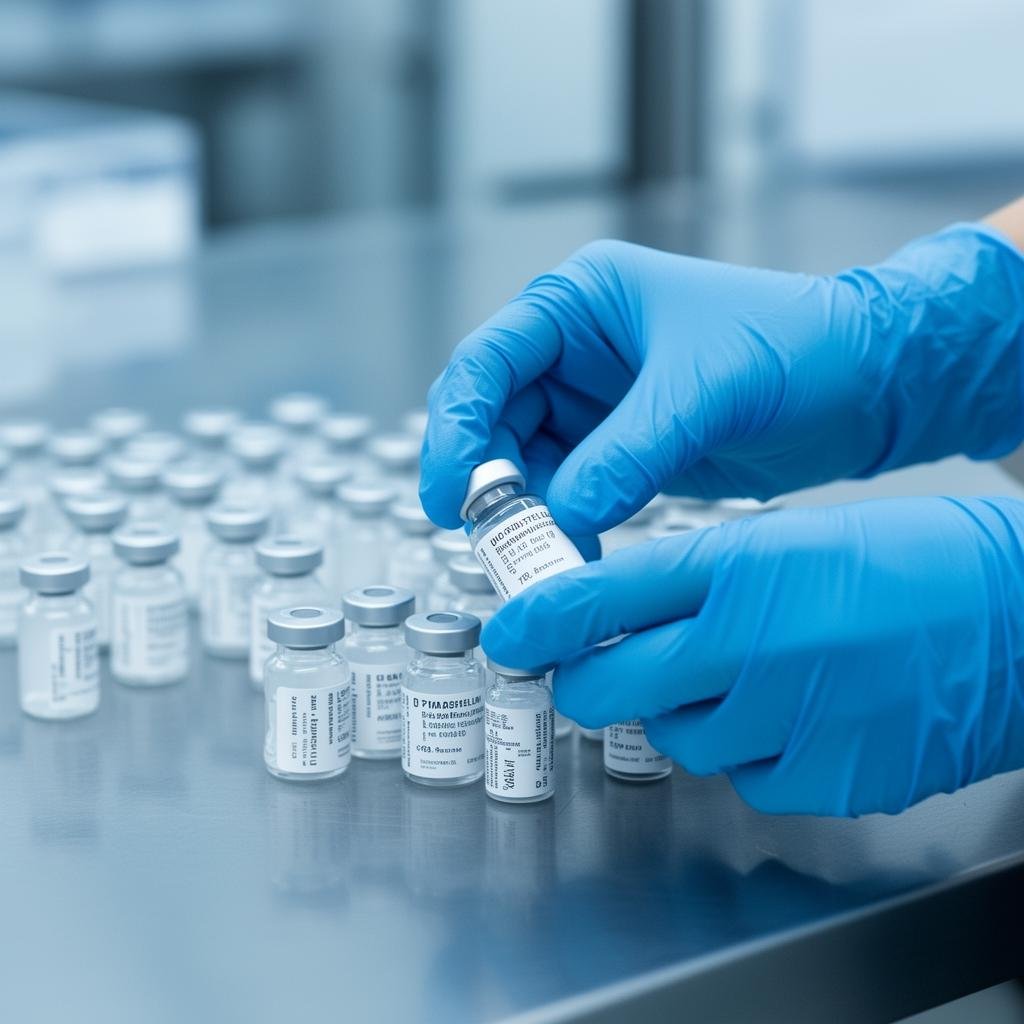 Gloved hands handling pharmaceutical vials in a clinical setting