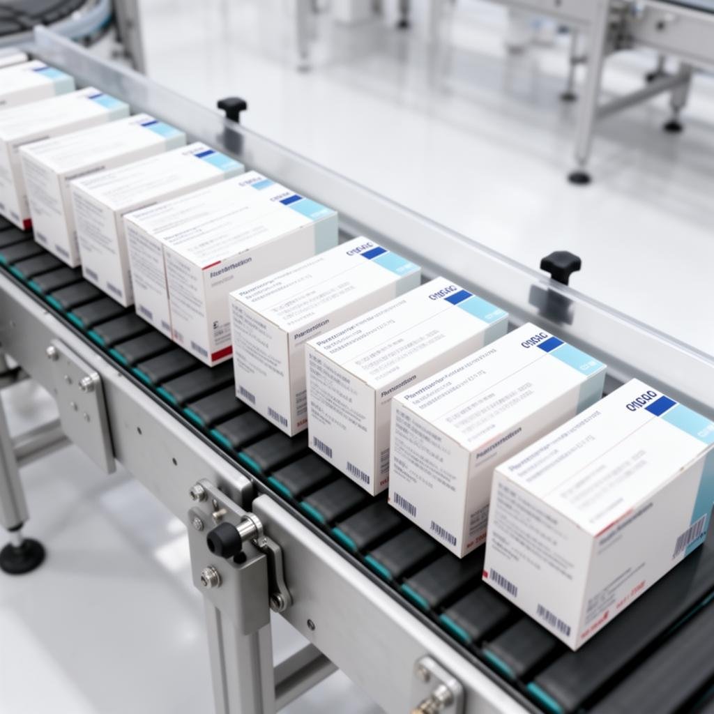 Pharmaceutical packaging on conveyor